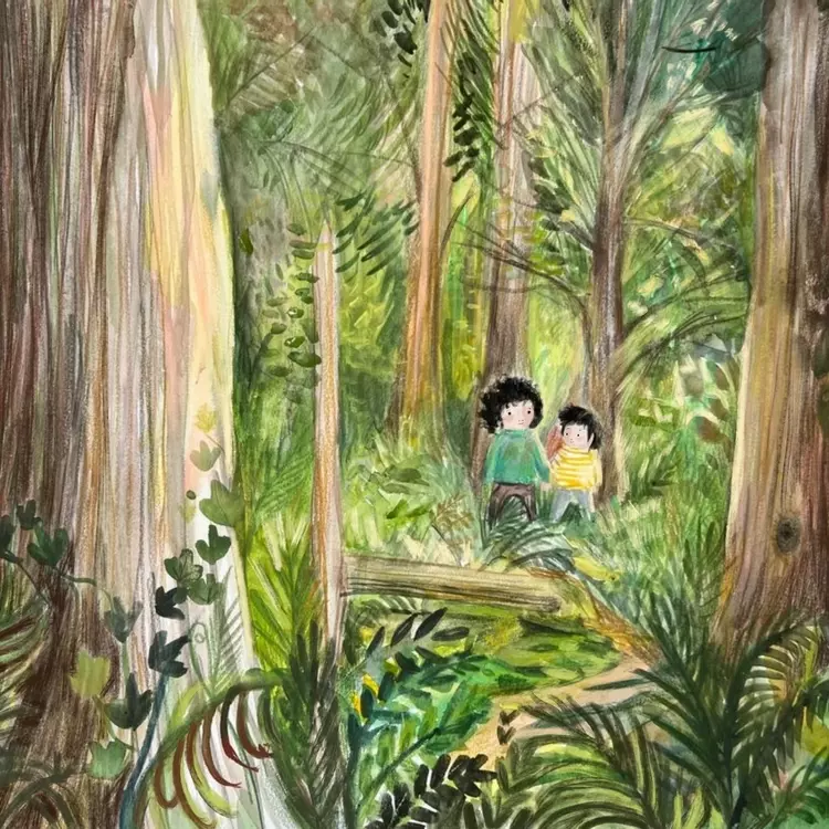 An illustration of two young Boys in a forest, surrounded by trees, leaves and foliage, looking at the nature and space around them. Painted with gouache, coloured pencils and procreate 